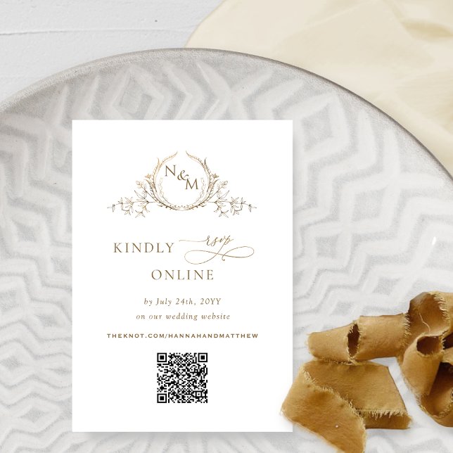 Elegant vit och guld monogram QR-kod RSVP Tilläggskort (Skapare uppladdad)