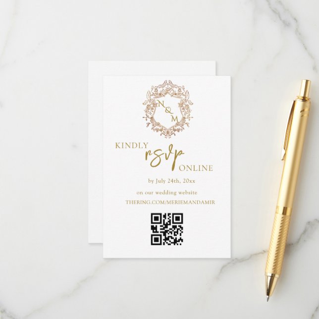  Elegant vit och guld monogram QR-kod RSVP  Tilläggskort (Fram/Back In Situ)