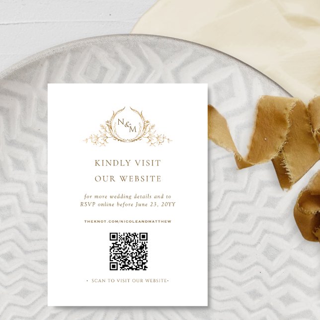 Elegant vit och guldmonogram QR-kod / RSVP online Tilläggskort (Skapare uppladdad)