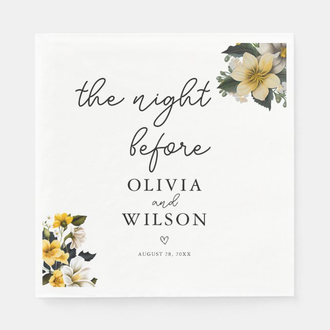 Elegant Vit och Gult Blommigt Bröllop Cocktail Pappersservett (Framsidan)
