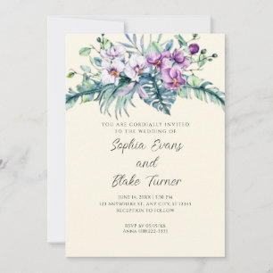 Elegant vit och lila blomster Gul Bröllops-  Inbjudningar