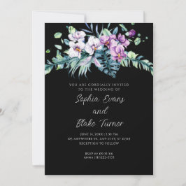Elegant vit och lila blomster svart bröllop inbjudningar