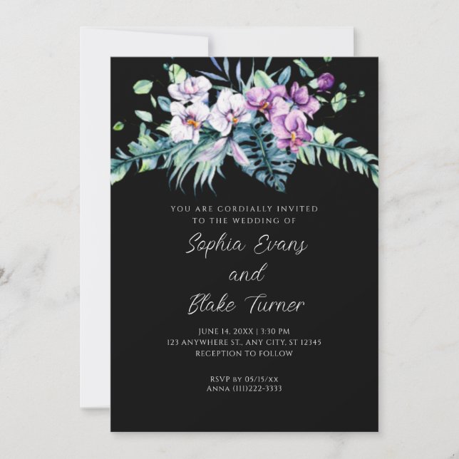 Elegant vit och lila blomster svart bröllop inbjudningar (Framsida)