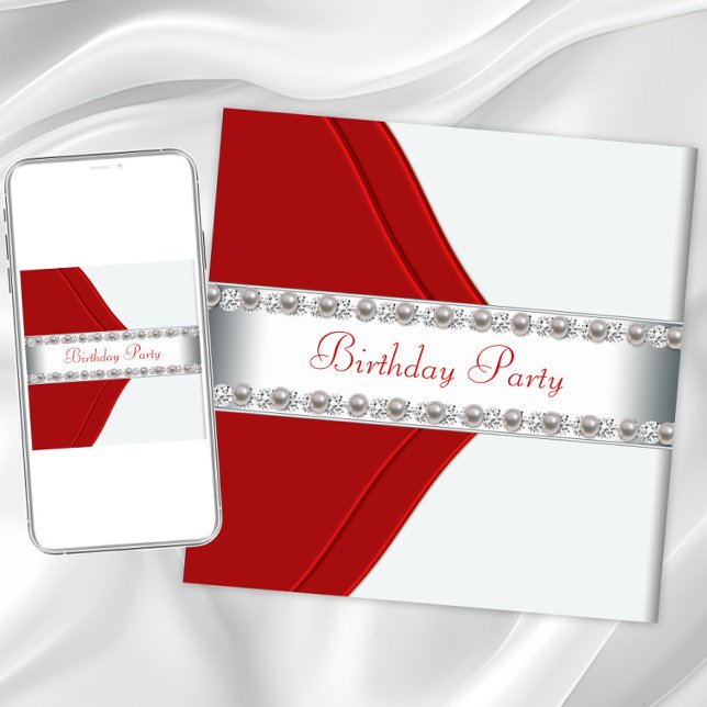 Elegant vit och röd kvinnas födelsedagsfest inbjudningar (Red white pearl birthday any occasion invitation. Instant download and printed invitations available)