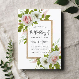 Elegant Vit och Rosa Blommigt Vattenfärg Bröllop Inbjudningar
