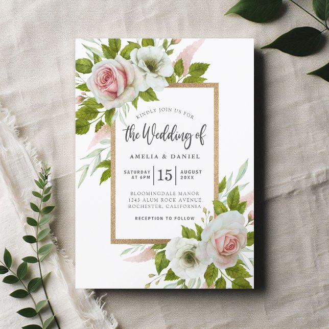 Elegant Vit och Rosa Blommigt Vattenfärg Bröllop Inbjudningar (Skapare uppladdad)