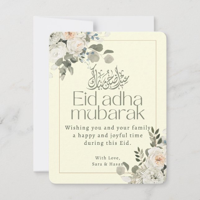 Elegant vit och rosafärgad blommig Eid al-Adha Mub Julkort (Framsida)