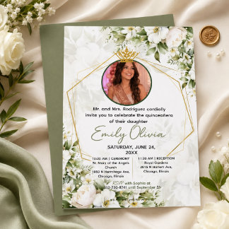 Elegant vit och Sage grön Blommig Quinceañera Inbjudningar