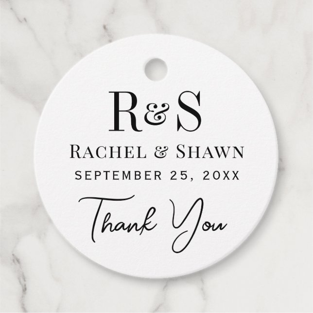 Elegant Vit och svart Chic Modern Monogram Bröllop Gåvor Etiketter (Framsida)