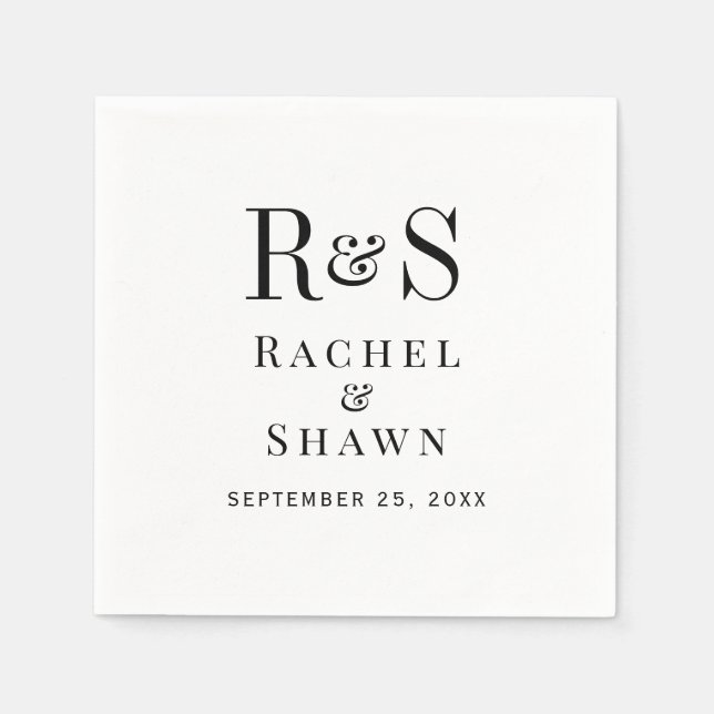 Elegant Vit och svart Chic Modern Monogram Bröllop Pappersservett (Framsidan)