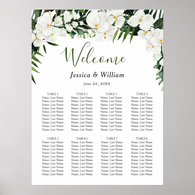 Elegant Vit Orchid Boho 8 Bord INSATNINGSTAKA Poster (Framsidan)