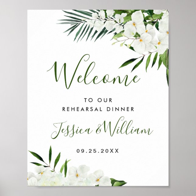 Elegant Vit Orchid REHEARSAL DINNER Välkomstskylt Poster (Framsidan)