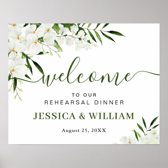 Elegant Vit Orchid REHEARSAL DINNER Välkomstskylt Poster (Framsidan)