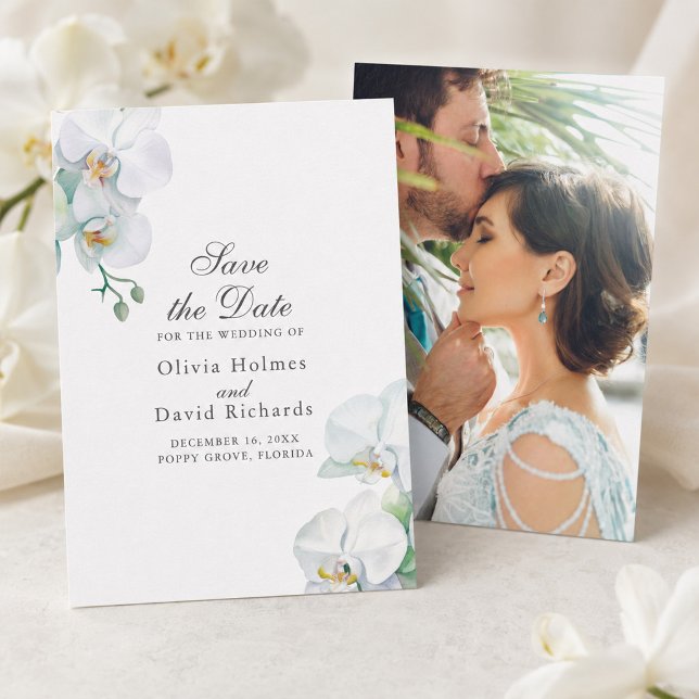 Elegant vit Orhids Foto Bröllop Spara datum Datumet (Elegant White Orhids Photo Wedding Save the Date)