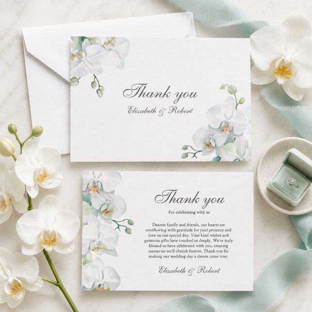 Elegant vit orkidé bröllops-tackkort tack kort (Elegant White Orchid Wedding Thank You Card )