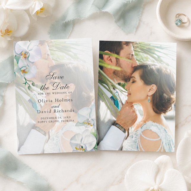 Elegant Vit Orkidé Foto Bröllop Spara Datum Datumet (Elegant White Orhids Photo Wedding Save the Date)