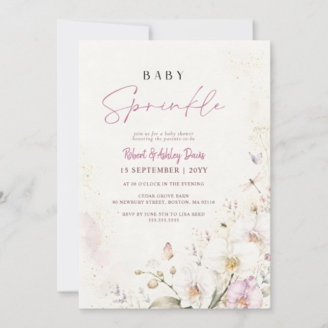 Elegant vit orkidé Wildflower Baby Shower Inbjudningar (Framsida)