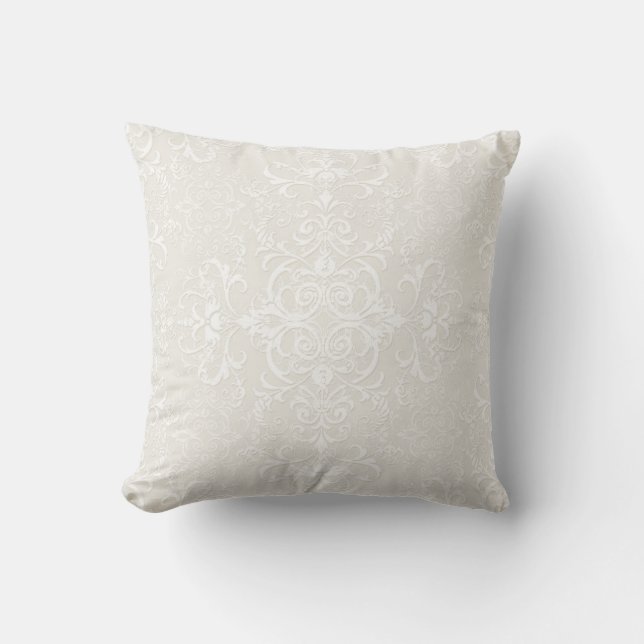 Elegant vit över blek beige damaskmönster kudde (Framsida)