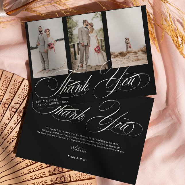 Elegant vit på svart tack, 3 bild bröllop tack kort (Elegant white on black thank you 3 photo wedding)