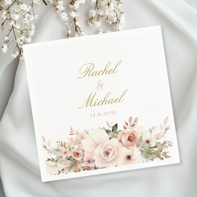 Elegant, vit, pastelliserad, blombukett pappersservett (Personalized, elegant, white, pastel, flower bouquet napkins with your name and date.)