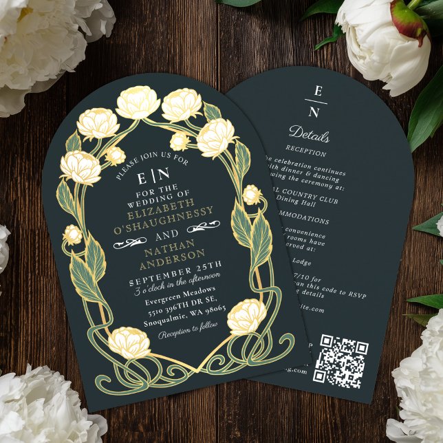 Elegant vit peon Art Nouveau bröllopsbåge QR  Inbjudningar (Skapare uppladdad)