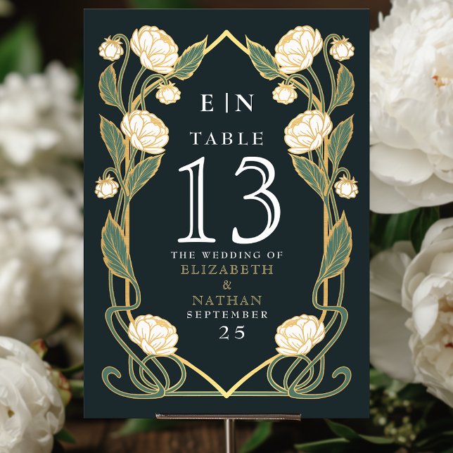 Elegant vit peon Art Nouveau floral bröllop Bordsnummer (Skapare uppladdad)
