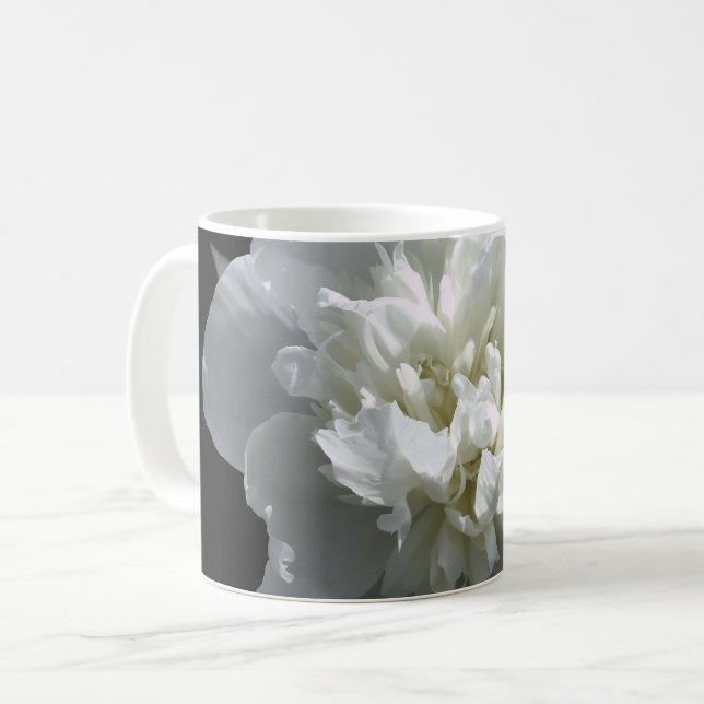 Elegant vit peony-blommigt, vit blomma kaffemugg (Framsida vänster)