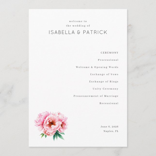 Elegant vit Peony bröllsceremoni Program (Framsida)