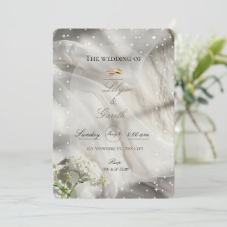 Elegant vit prickig tulle & guldringar bröllop inbjudningar