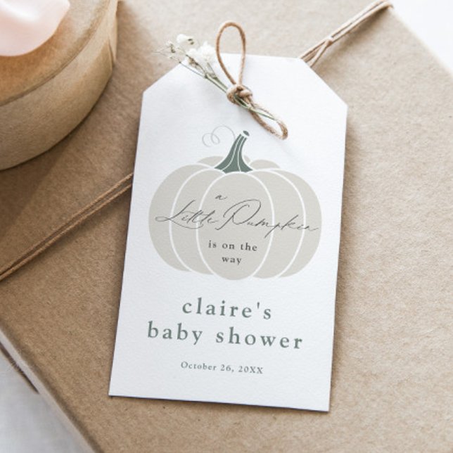 Elegant vit pumpa höst baby shower förmån presentetikett (Elegant White Little Pumpkin Fall Winter Baby Shower Favor Tag.)