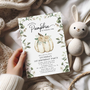 Elegant vit pumpa och grönska 1-årsdag inbjudningar