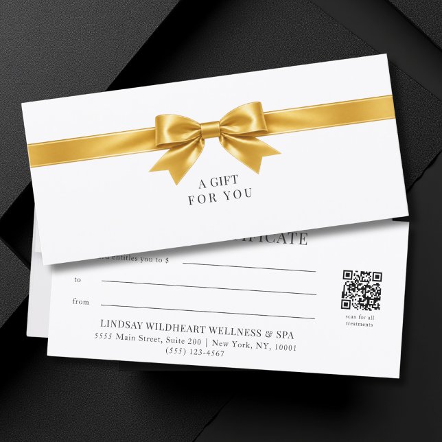 Elegant vit QR-kod presentkort (Elegant White Gold Bow QR Code Gift Certificate)