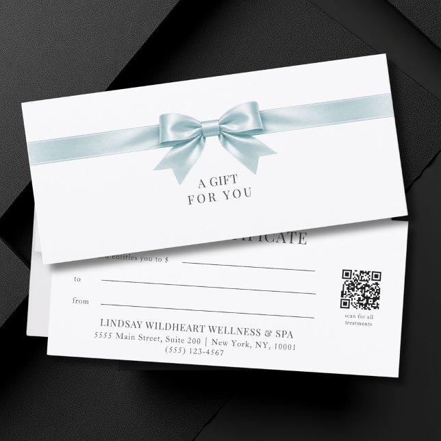 Elegant vit QR-kod presentkort (Elegant White Blue Bow QR Code Gift Certificate)