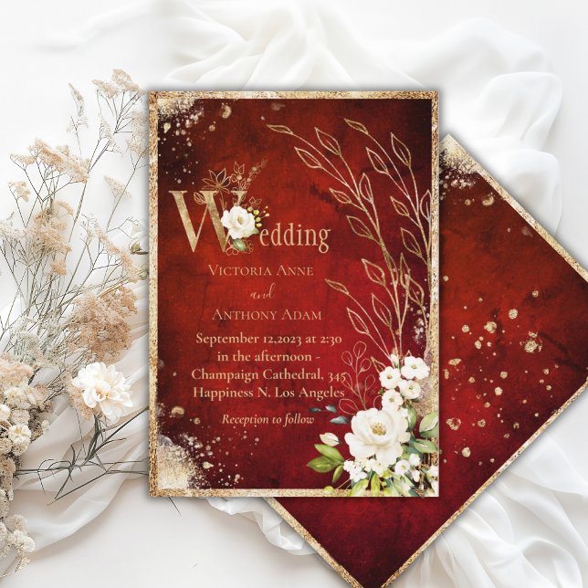 Elegant vit röd guldblommig rustik bröllopsinbjuda inbjudningar (Skapare uppladdad)
