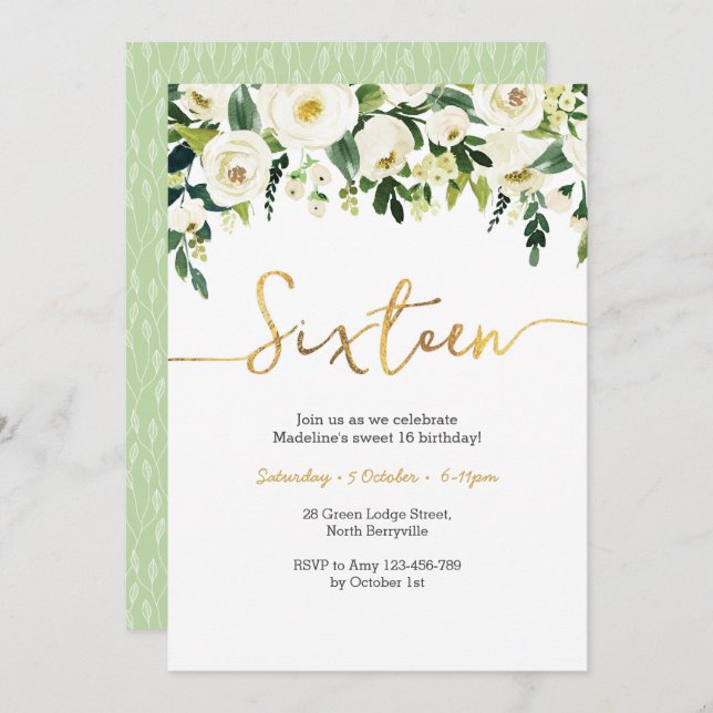 Elegant Vit ros 16:e födelsedagsinbjudan Inbjudningar (Fram/baksida)