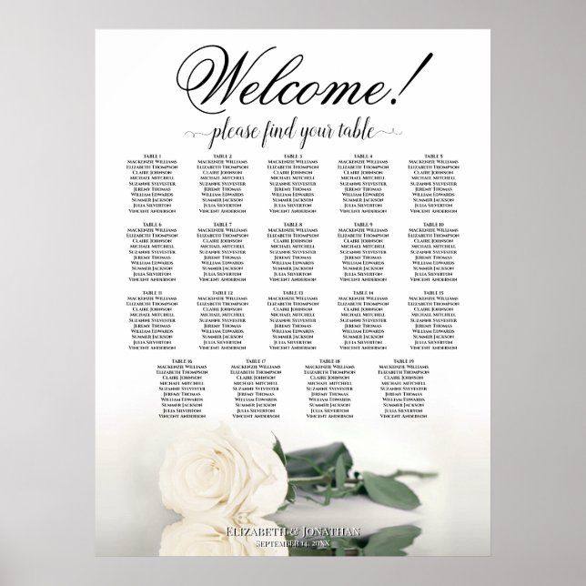 Elegant vit ros 19 Bord Bröllop Placeringsplan Poster (Framsidan)