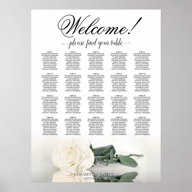 Elegant vit ros 20 Bord Bröllopsplatskarta Poster (Framsidan)