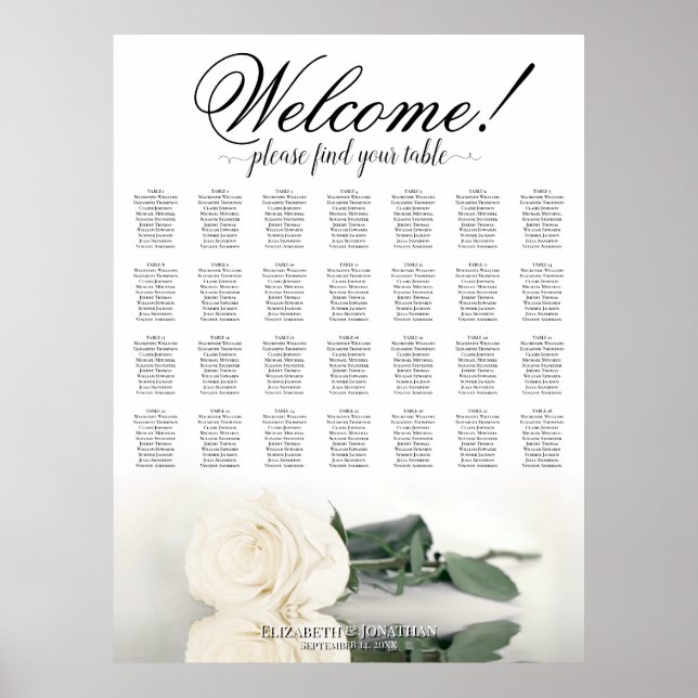 Elegant vit ros 28 bord bröllop placeringsschema poster (Framsidan)