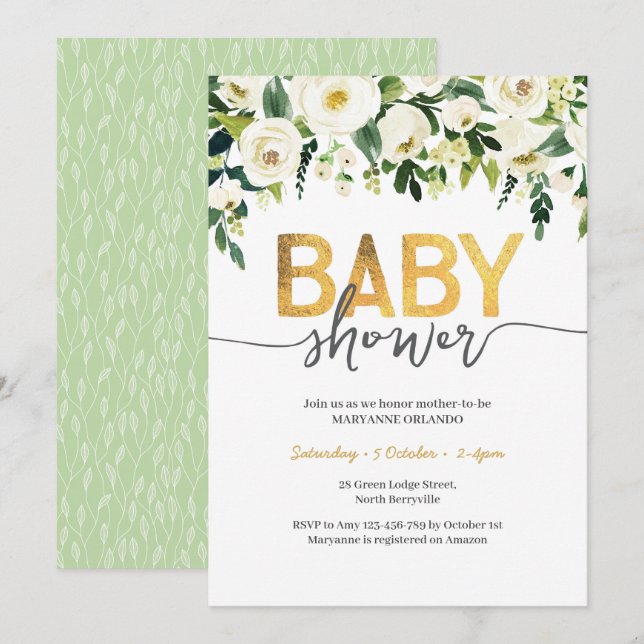 Elegant Vit ros Baby Shower-inbjudan Inbjudningar (Fram/baksida)