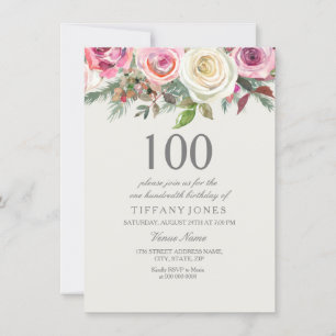 Elegant Vit ros Blommigt 100:e födelsedag Inbjudan