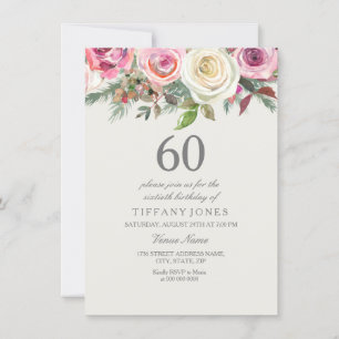 Elegant Vit ros Blommigt 60:e födelsedag Inbjudan