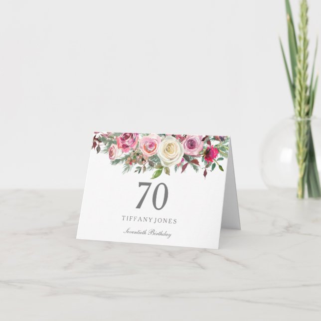 Elegant Vit ros Blommigt 70:e födelsedagen Tack Kort (Framsida)