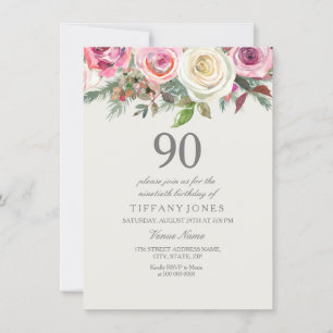 Elegant Vit ros Blommigt 90:e födelsedag Inbjudan