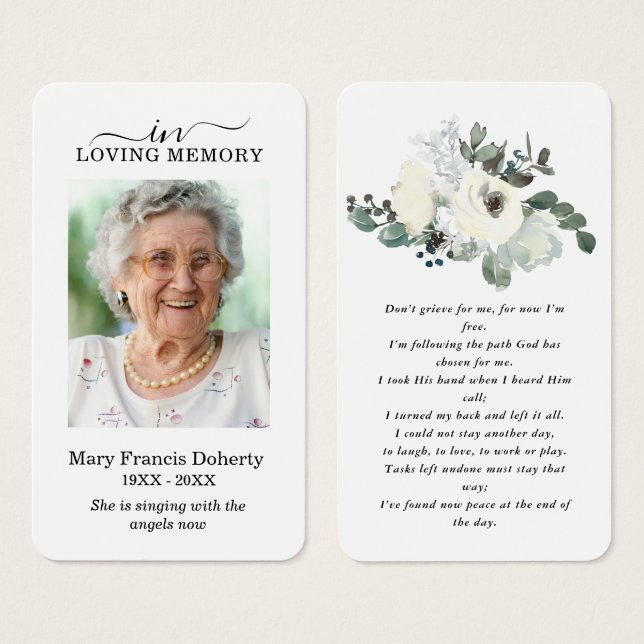 Elegant Vit ros Blommigt Photo Prayer Card Visitkort (Framsida & baksida)