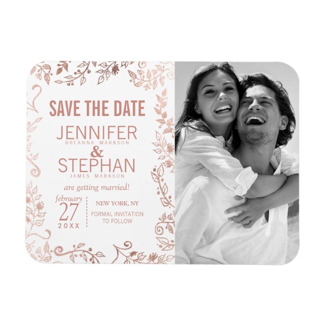 Elegant Vit ros Blommigt Sparar datumet Magnet (Horisontell)