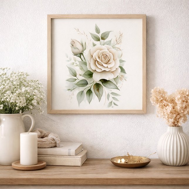 Elegant vit ros botanisk grönska Neutral  Poster (White roses and greenery wall art)