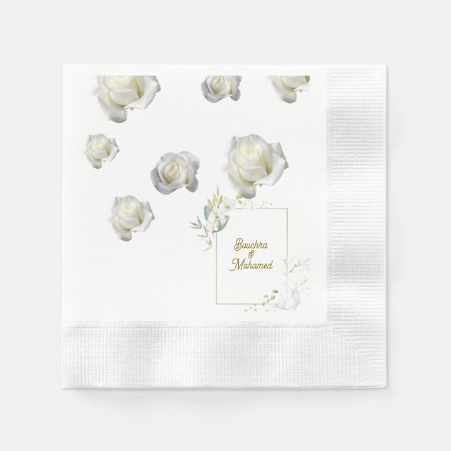 Elegant Vit ros Bröllop Napkins - Personlig Pappersservett (Framsidan)