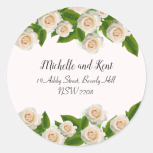 Elegant Vit ros Bröllop Returadress Sticker Runt Klistermärke