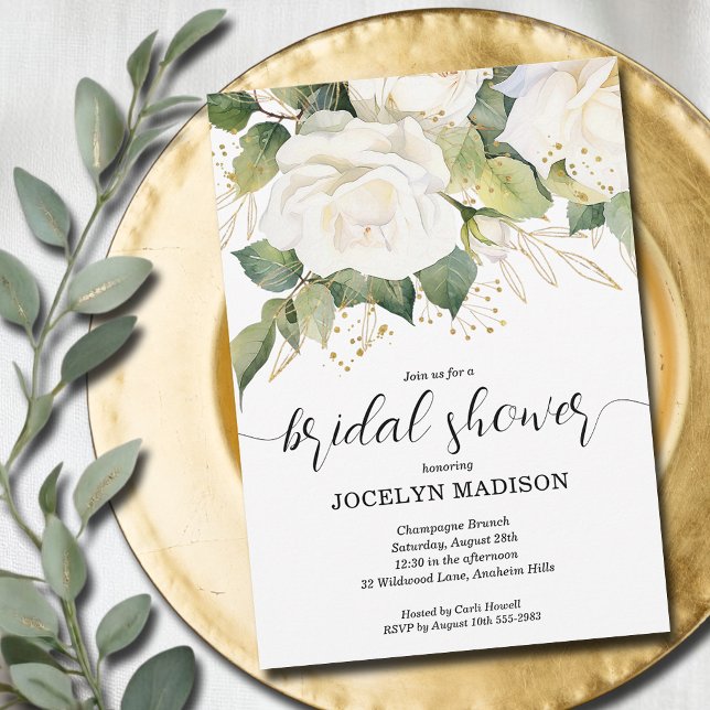 Elegant vit ros bröllopsfestinladning inbjudningar (Elegant white roses, gold leaves bridal shower invitation INSTANT DOWNLOAD and/or PRINTED)