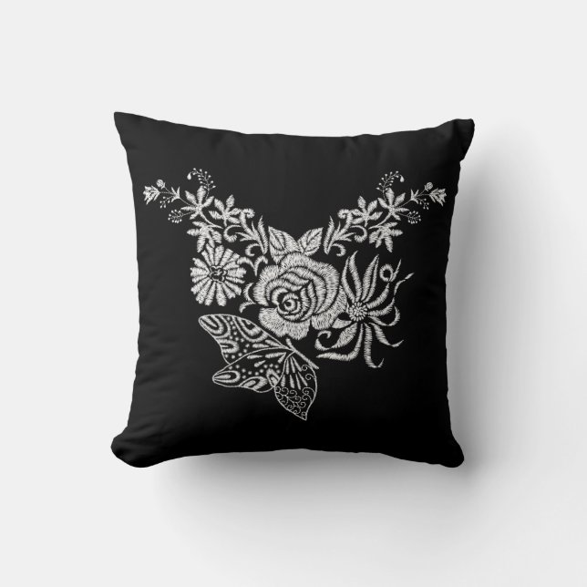 Elegant Vit ros Butterfly Blommigt Kudde (Framsida)